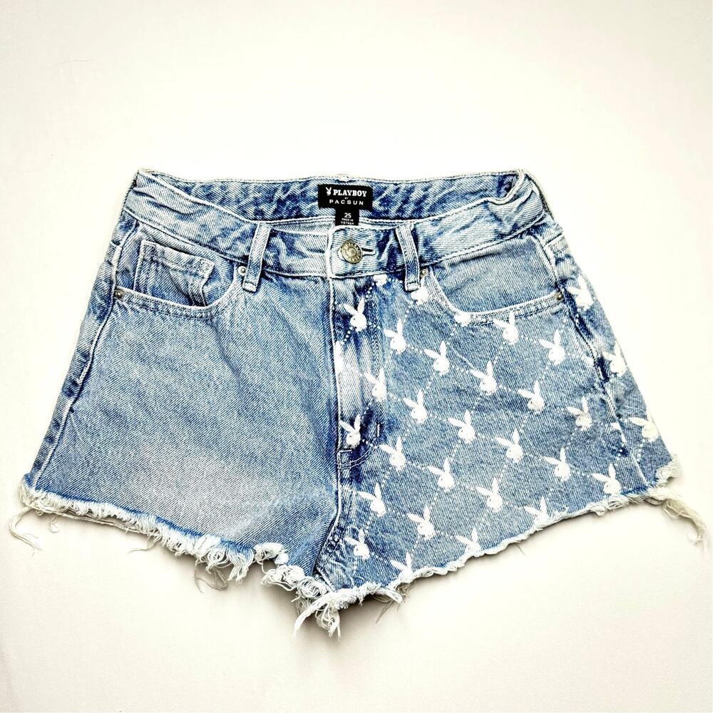 Playboy PacSun Split Bunnies Denim Shorts Womens Size 25 Blue Bunny Print Logo